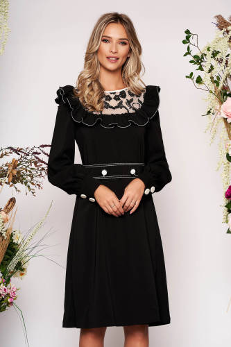 Rochie Ladonna neagra eleganta din stofa neelastica cu volanase cu aplicatii de dantela accesorizata cu cordon