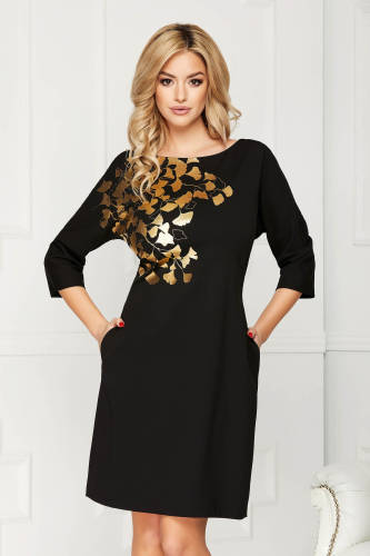 Rochie neagra eleganta midi din stofa cu un croi drept cu buzunare si imprimeuri florale aurii