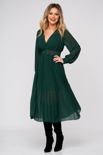 Rochie verde eleganta midi din voal plisat in clos cu elastic — Euforia-Mall.ro
