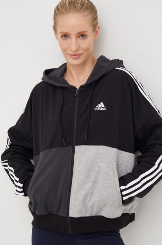 Adidas hanorac de bumbac femei, culoarea gri, cu glugă, modelator