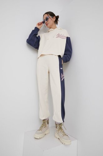 Adidas originals pantaloni de bumbac femei, culoarea bej, cu imprimeu