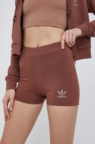 Adidas originals pantaloni scurți femei, culoarea maro, cu imprimeu, high waist