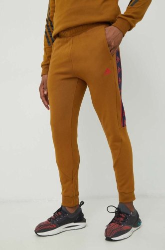 Adidas pantaloni de trening din bumbac barbati, culoarea maro, cu imprimeu