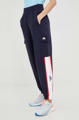Adidas pantaloni de trening femei, culoarea albastru marin, cu imprimeu
