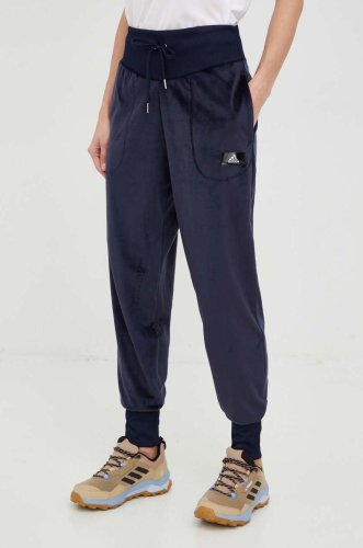 Adidas pantaloni de trening femei, culoarea albastru marin, neted