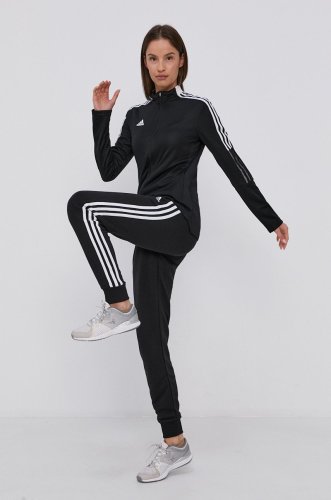 Adidas pantaloni femei, culoarea negru, material neted