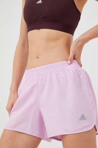 Adidas performance pantaloni scurți de alergare femei, culoarea violet, neted, medium waist