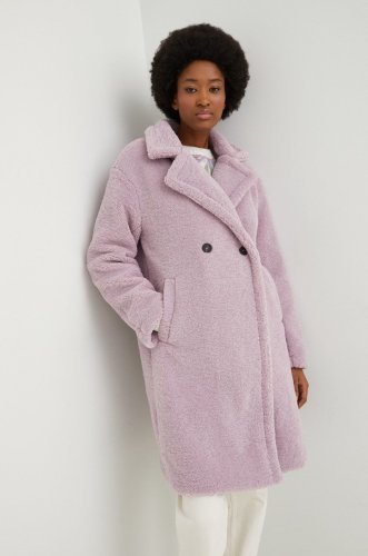 Answear lab palton femei, culoarea violet, de tranzitie, cu doua randuri de nasturi