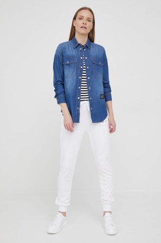 Armani exchange camasa jeans femei, culoarea albastru marin, cu guler clasic, regular