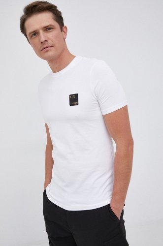 Armani exchange tricou bărbați, culoarea alb, material neted