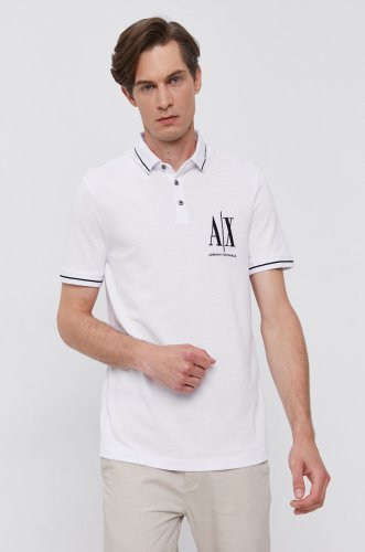 Armani exchange tricou polo bărbați, culoarea alb, cu imprimeu