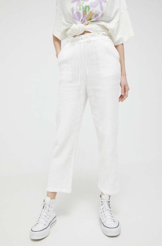 Billabong pantaloni de bumbac culoarea alb, drept, high waist