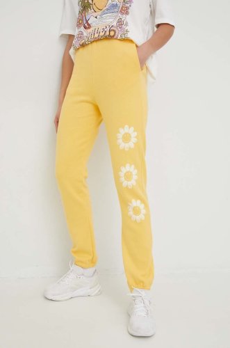 Billabong pantaloni de trening din bumbac x smiley femei, culoarea galben, cu imprimeu