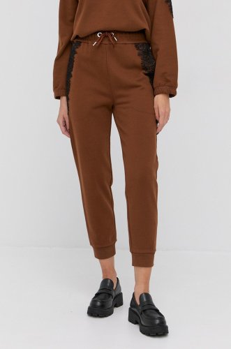 Boss pantaloni de bumbac femei, culoarea maro, material neted