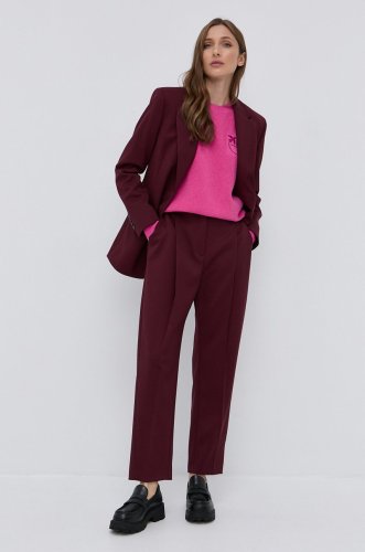 Boss pantaloni de lână femei, culoarea bordo, lat, high waist