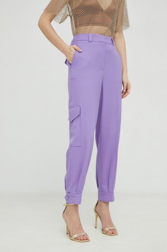 Boss pantaloni de lana femei, culoarea violet, drept, high waist