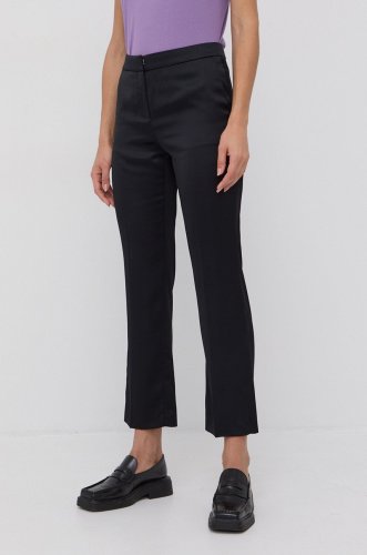Boss pantaloni din lână femei, culoarea negru, model drept, high waist