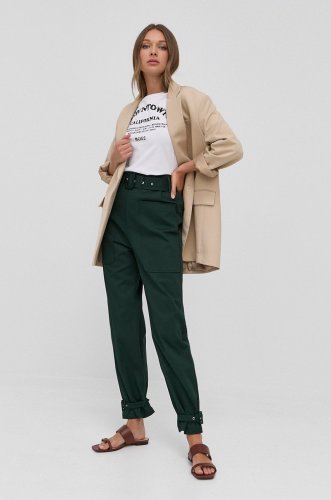 Boss pantaloni femei, culoarea verde, drept, high waist
