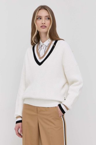 Boss pulover din amestec de mătase femei, culoarea alb, călduros
