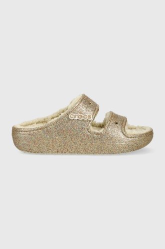Crocs papuci classic cozzzy glitter sandal culoarea auriu