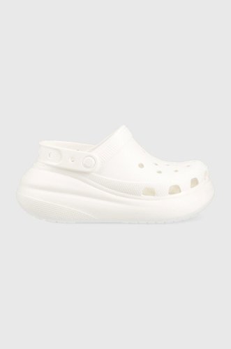 Crocs papuci classic crush clog femei, culoarea alb, cu platforma