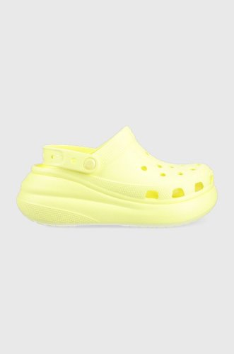Crocs papuci classic crush clog femei, culoarea galben, cu platforma