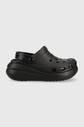 Crocs papuci classic crush clog femei, culoarea negru, cu platforma