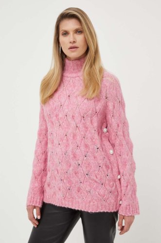 Custommade pulover de lana taina femei, culoarea roz, cu guler