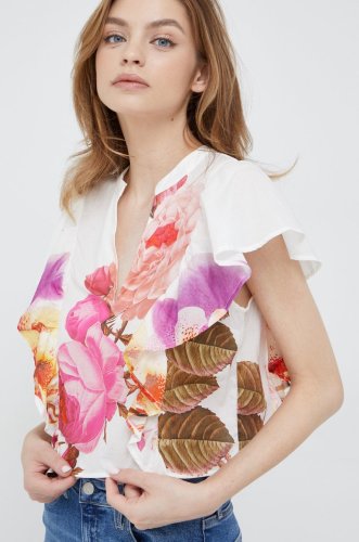 Desigual bluza din bumbac femei, culoarea alb, in modele florale