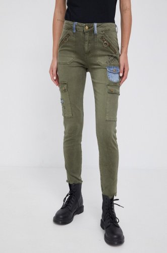 Desigual pantaloni femei, culoarea verde, mulat, medium waist