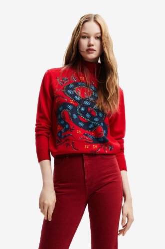 Desigual pulover din amestec de lana femei, culoarea rosu, light, cu guler
