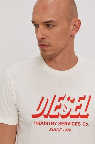 Diesel tricou bărbați, culoarea crem, cu imprimeu