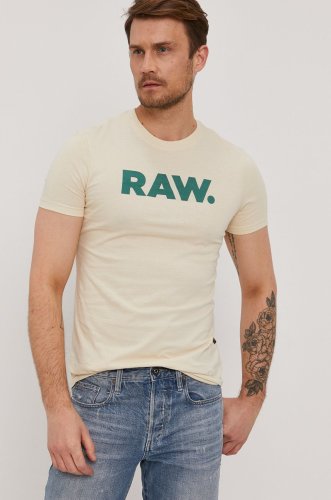 G-star raw tricou bărbați, culoarea crem, cu imprimeu