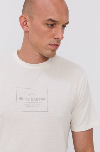 Helly hansen tricou bărbați, culoarea crem, cu imprimeu