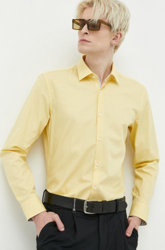 Hugo camasa din bumbac barbati, culoarea galben, cu guler clasic, slim