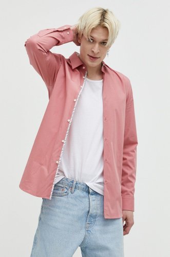 Hugo camasa din bumbac barbati, culoarea roz, cu guler italian, regular