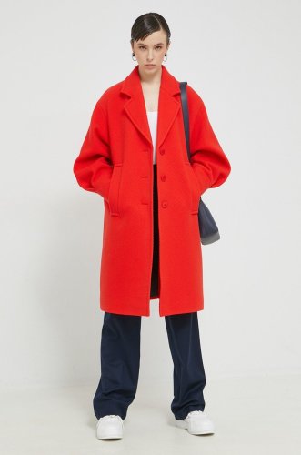 Hugo palton de lana culoarea rosu, de tranzitie, oversize