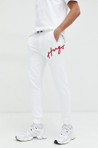 Hugo pantaloni de trening din bumbac barbati, culoarea alb, cu imprimeu