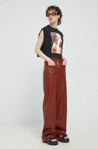Hugo pantaloni femei, culoarea maro, lat, high waist