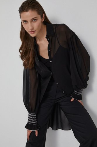 Karl lagerfeld cămașă de mătase femei, culoarea negru, cu guler clasic, relaxed