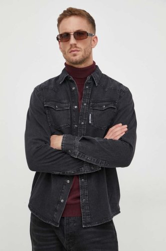 Karl lagerfeld camasa jeans barbati, culoarea negru, cu guler clasic, regular