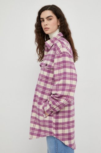 Lee camasa din lana femei, culoarea roz, cu guler clasic, relaxed
