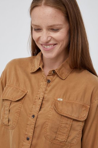 Lee cămașă femei, culoarea maro, cu guler clasic, regular