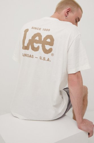Lee tricou din bumbac culoarea bej, cu imprimeu
