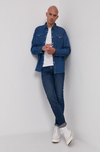 Levi's cămașă jeans bărbați, culoarea albastru marin, cu guler clasic, regular