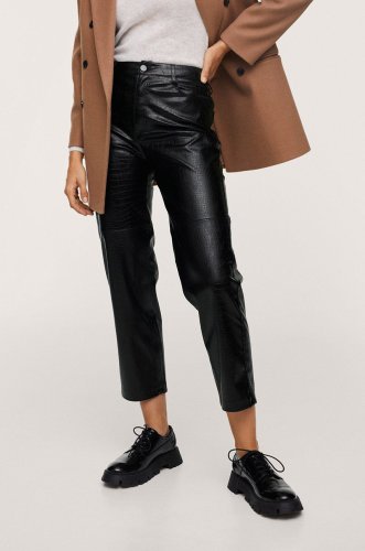 Mango pantaloni croco femei, culoarea negru, model drept, high waist