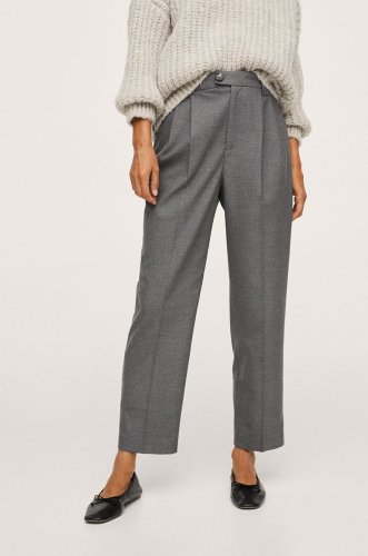 Mango pantaloni femei, culoarea gri, model drept, high waist