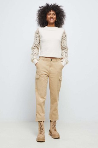 Medicine pantaloni femei, culoarea bej, medium waist