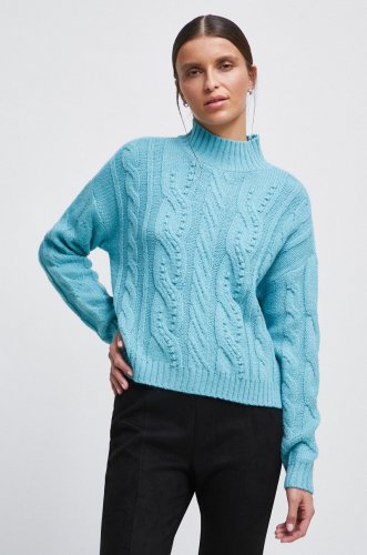 Medicine pulover femei, culoarea turcoaz, cu turtleneck