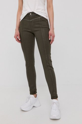 Morgan pantaloni femei, culoarea verde, mulata, medium waist
